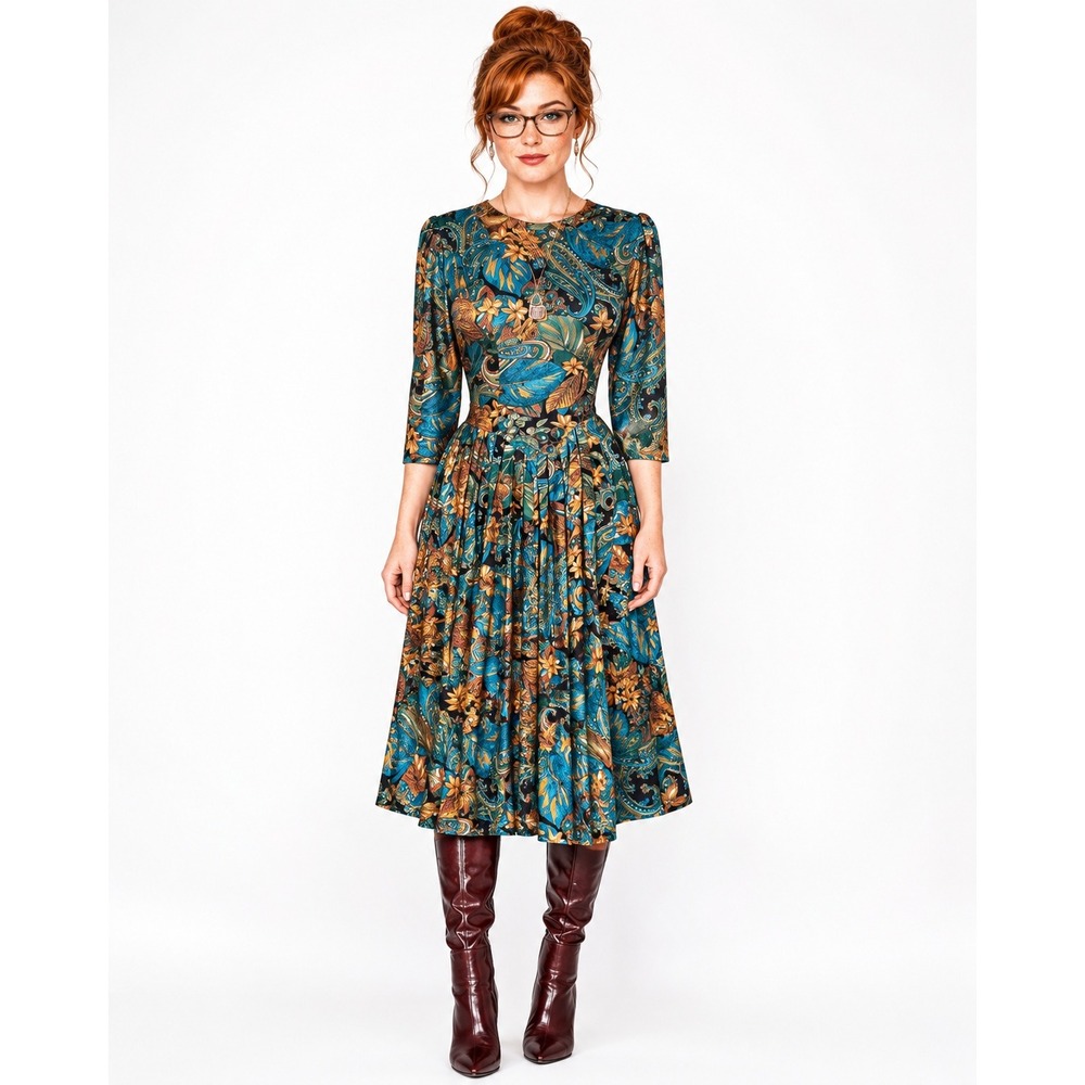 Benson & Smith Paisley Midi Dress Womens 6 Blue Dropped Waist Pleated Vintage